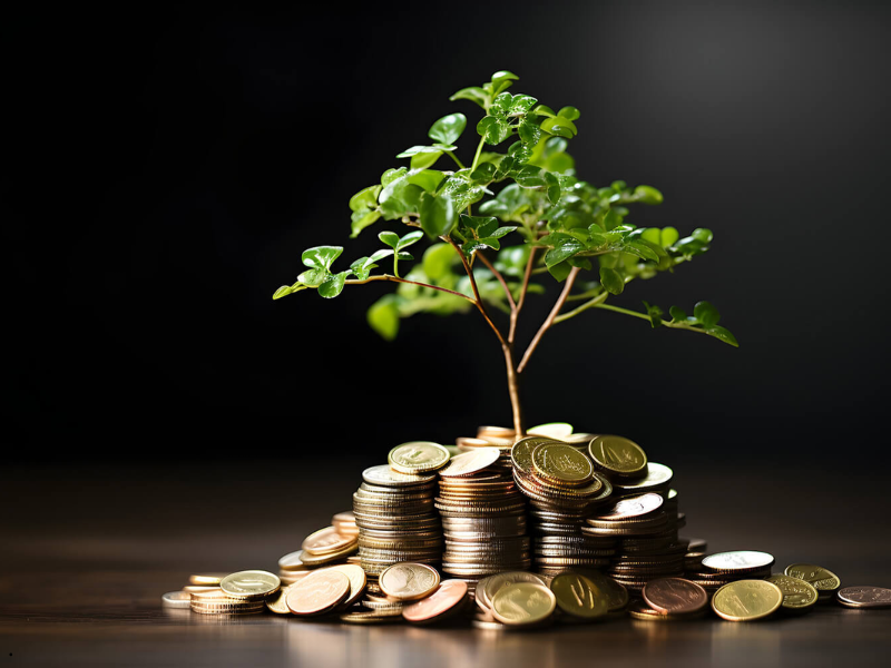 Planta creciendo sobre una pila de monedas, símbolo del crecimiento patrimonial